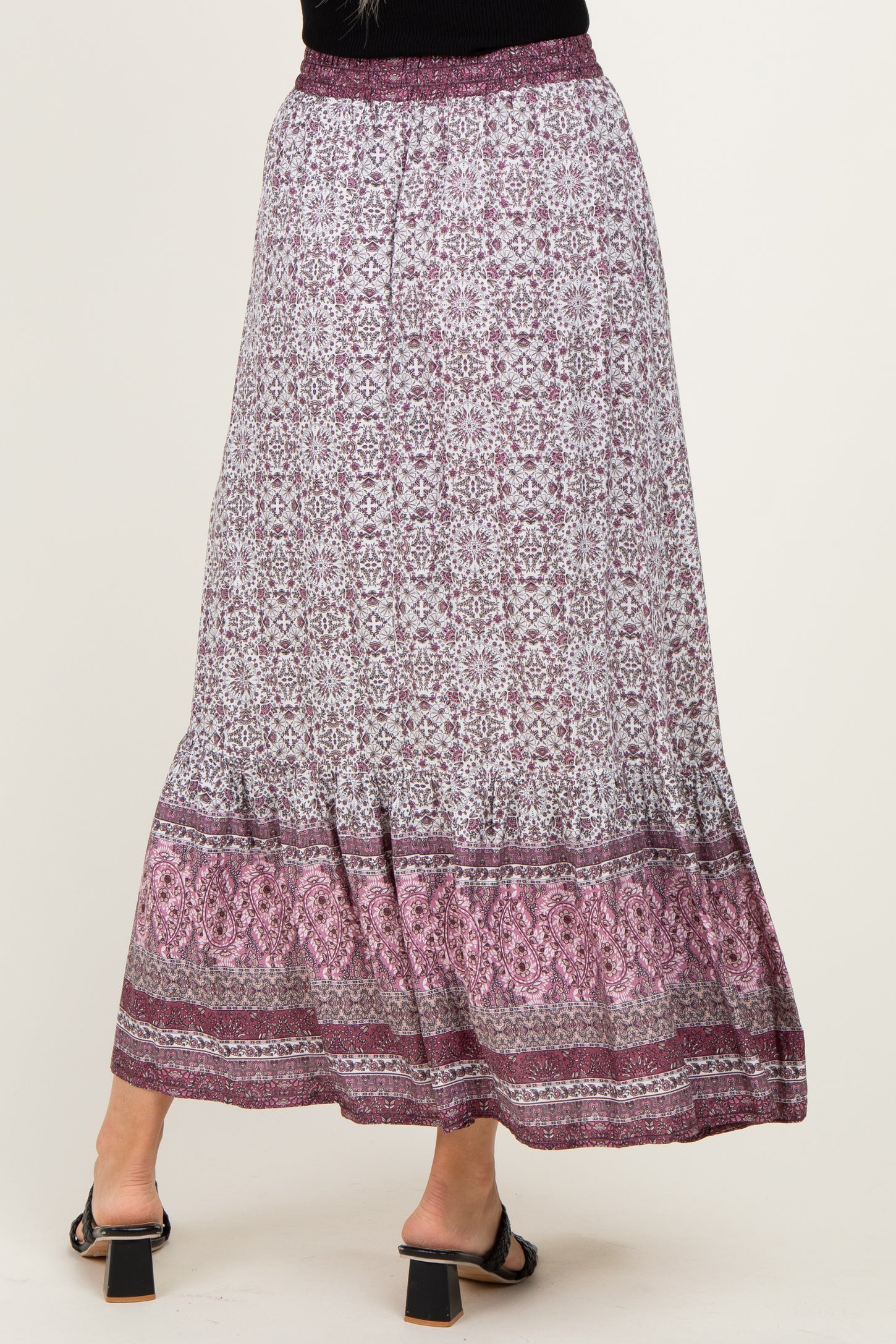 Rose Boho Print Drawstring Smocked Waist Maxi Skirt