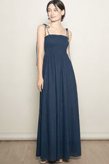 Navy Smocked Shoulder Tie Maternity Maxi Dress