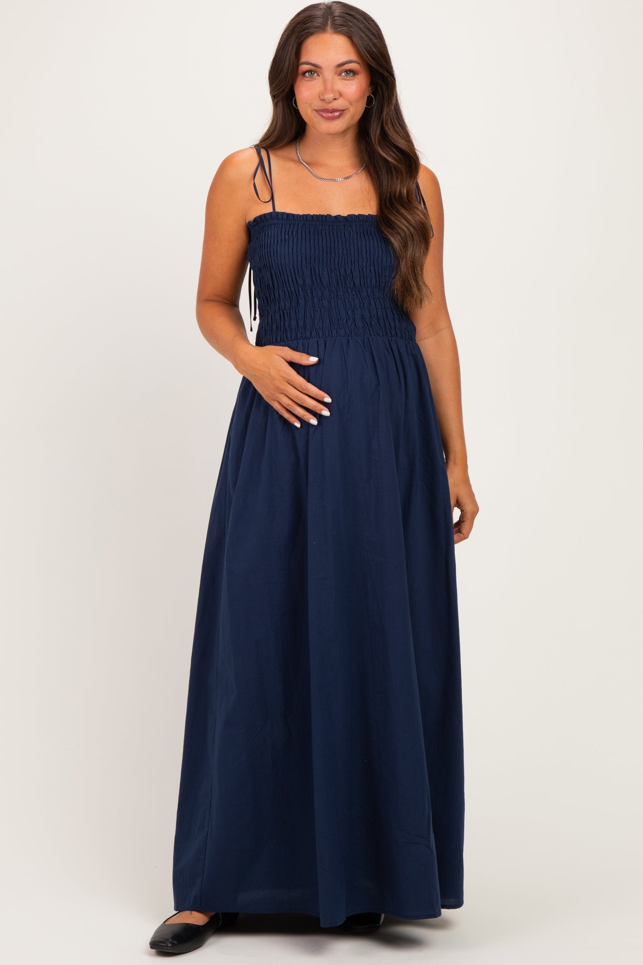 Navy Smocked Shoulder Tie Maternity Maxi Dress