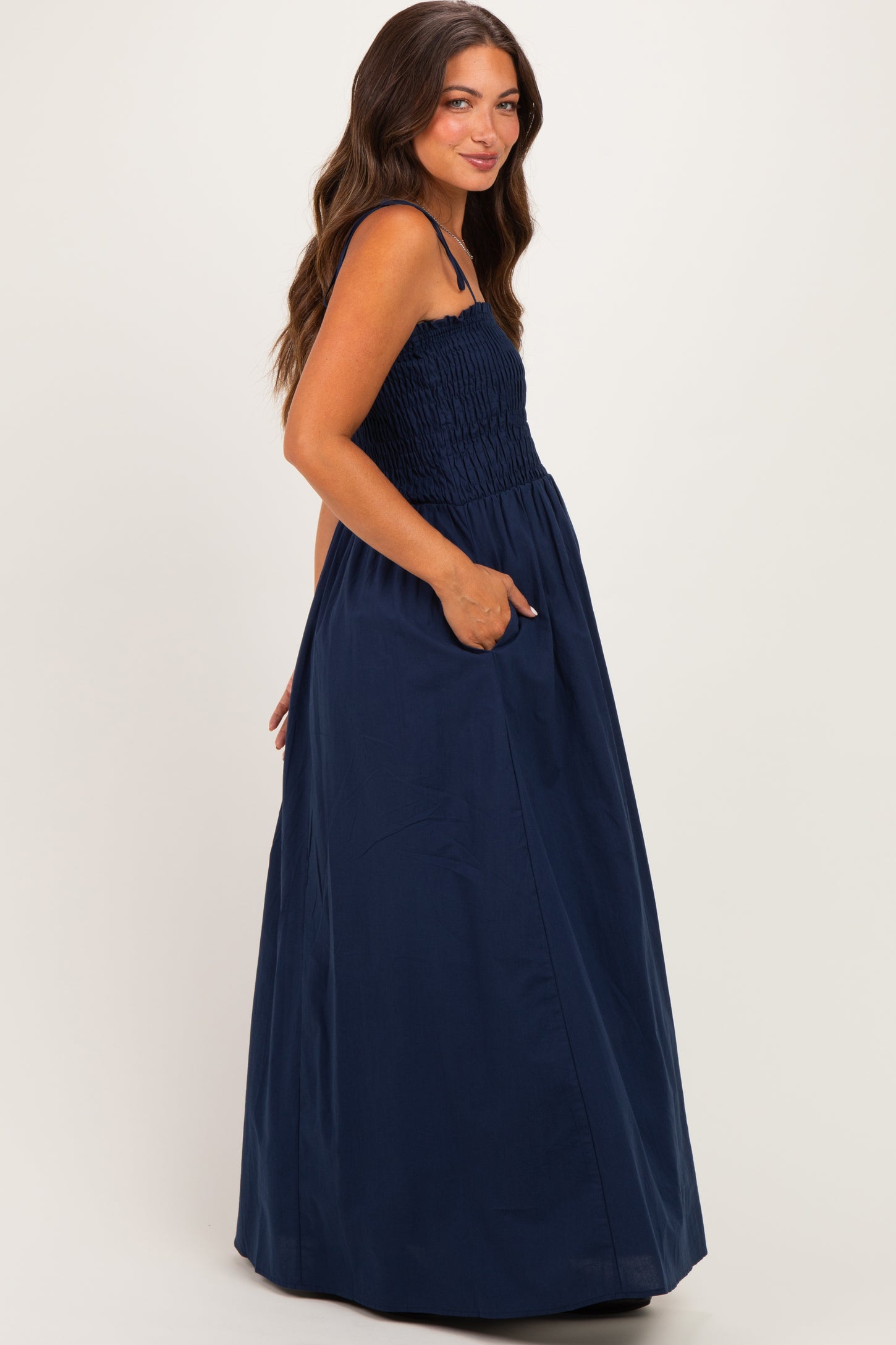 Navy Smocked Shoulder Tie Maternity Maxi Dress