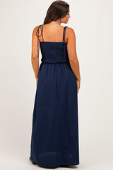 Navy Smocked Shoulder Tie Maternity Maxi Dress
