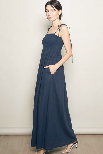 Navy Smocked Shoulder Tie Maxi Dress