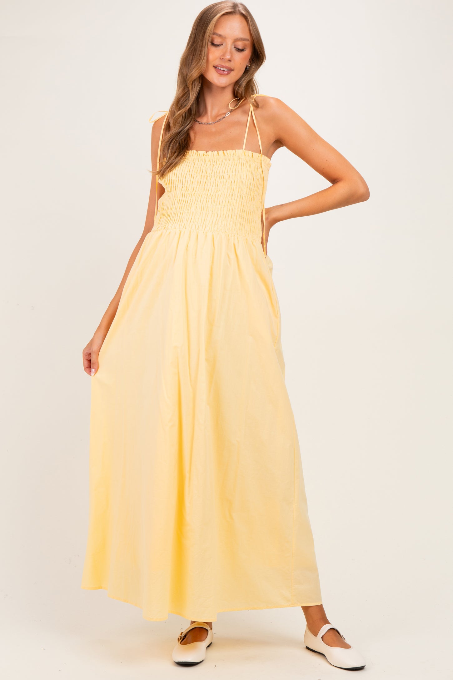 Yellow Smocked Shoulder Tie Maternity Maxi Dress