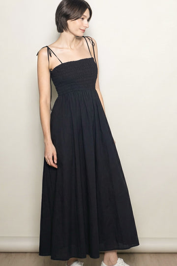 Black Smocked Shoulder Tie Maxi Dress