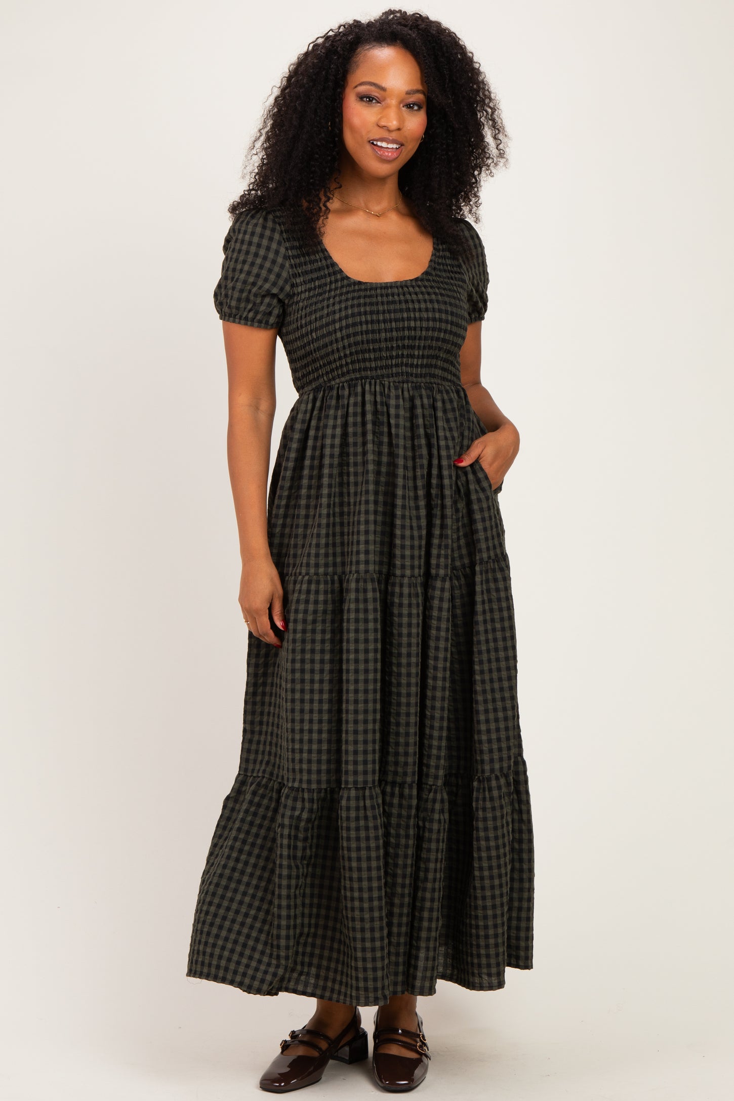 Dark Olive Gingham Smocked Tiered Maxi Dress