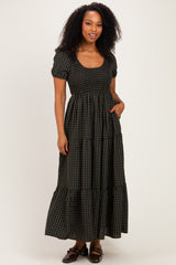 Dark Olive Gingham Smocked Tiered Maxi Dress