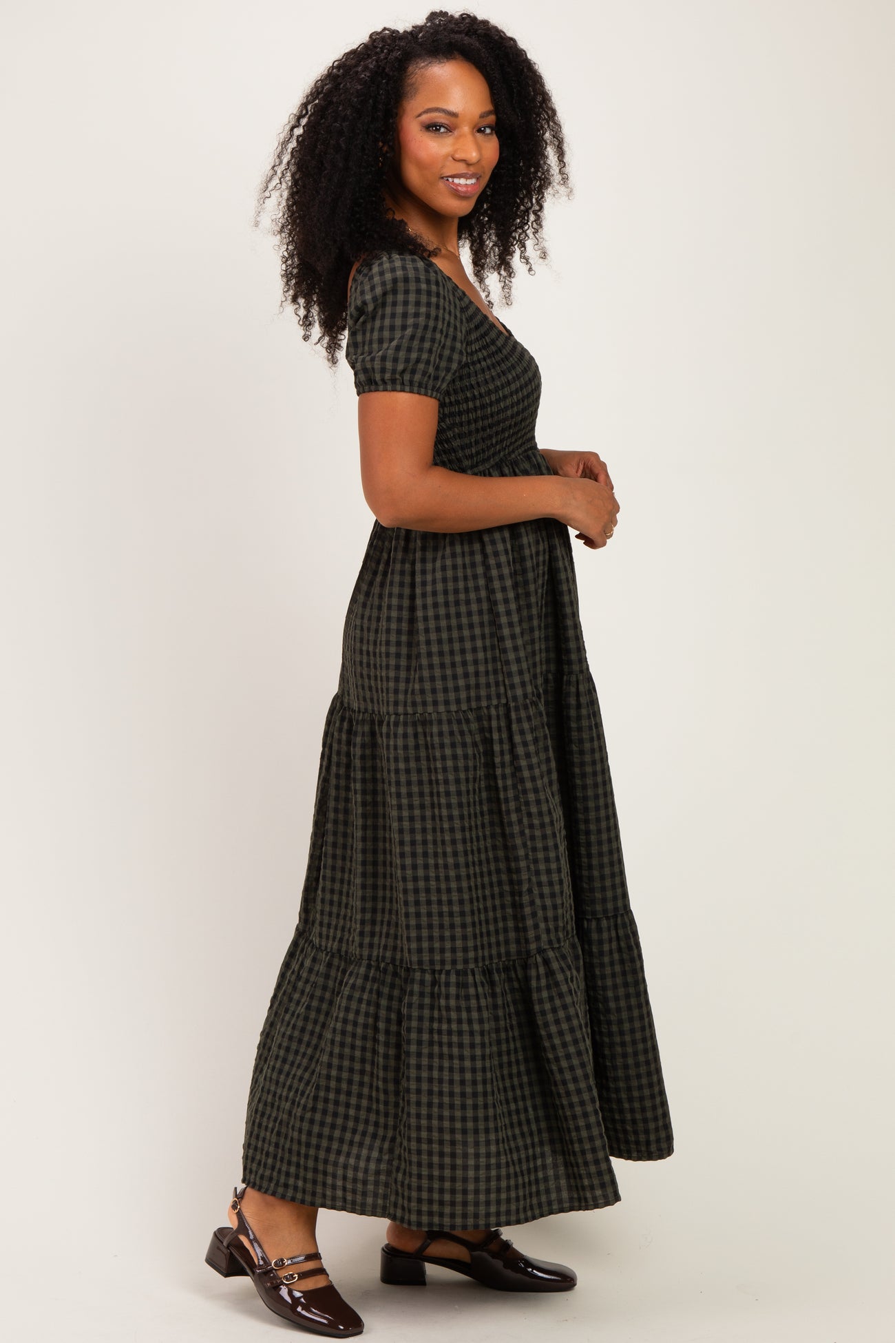 Dark Olive Gingham Smocked Tiered Maxi Dress