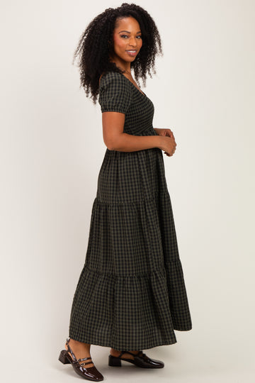Dark Olive Gingham Smocked Tiered Maxi Dress