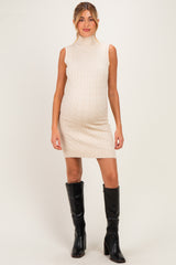 Biege Cable Knit Sleeveless Turtleneck Maternity Dress