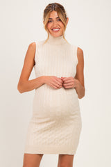 Biege Cable Knit Sleeveless Turtleneck Maternity Dress