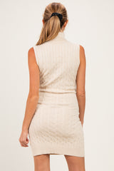 Biege Cable Knit Sleeveless Turtleneck Maternity Dress