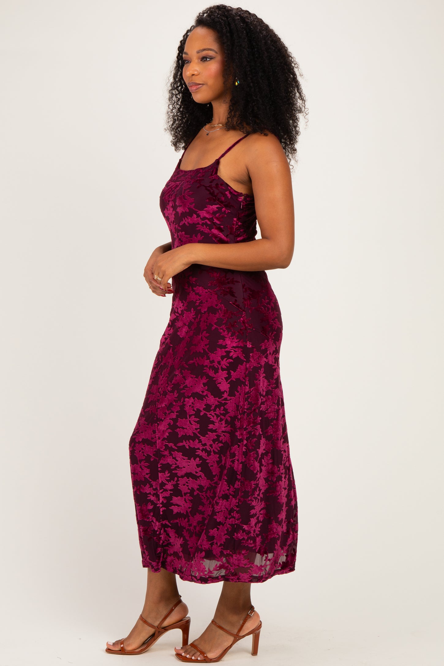 Burgundy Floral Burnout Velvet Midi Dress
