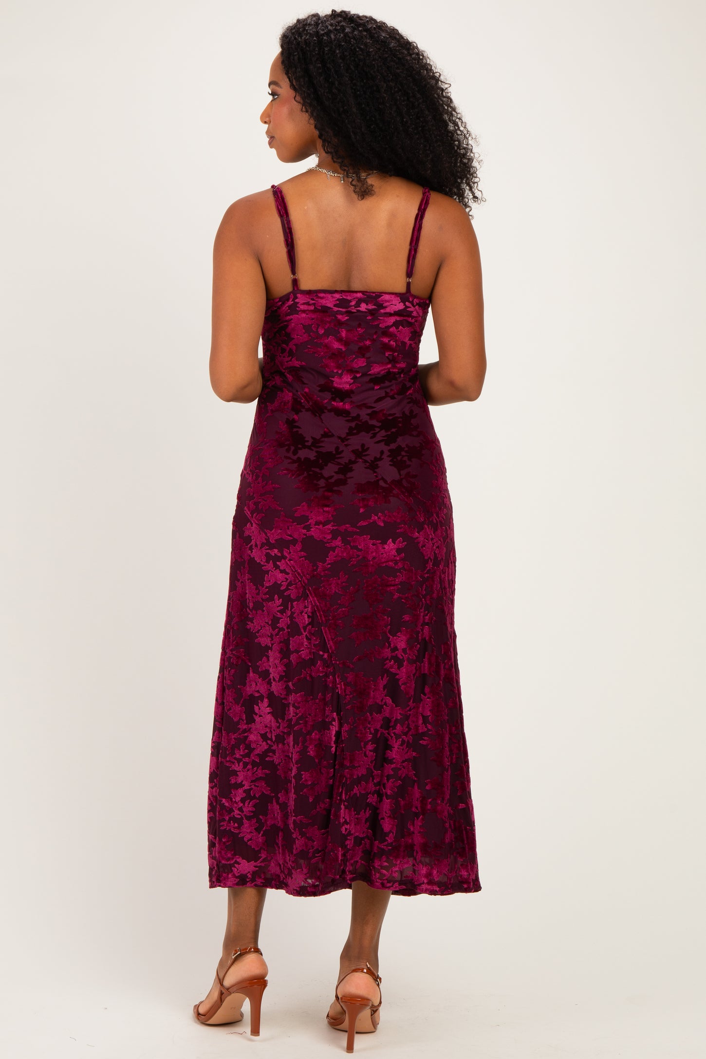 Burgundy Floral Burnout Velvet Midi Dress