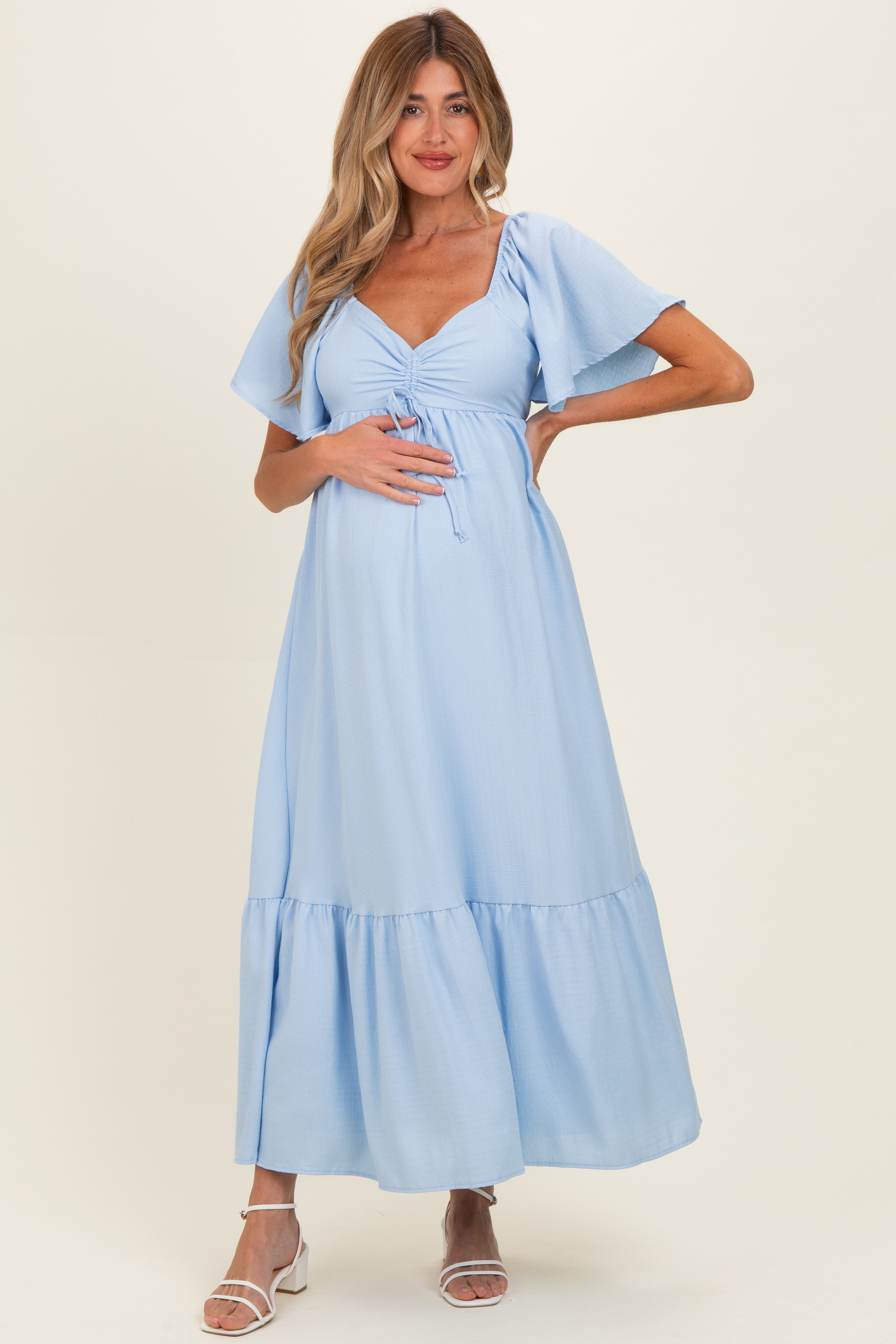 Light Blue Flutter Sleeve Ruffle Hem Maternity Maxi Dress