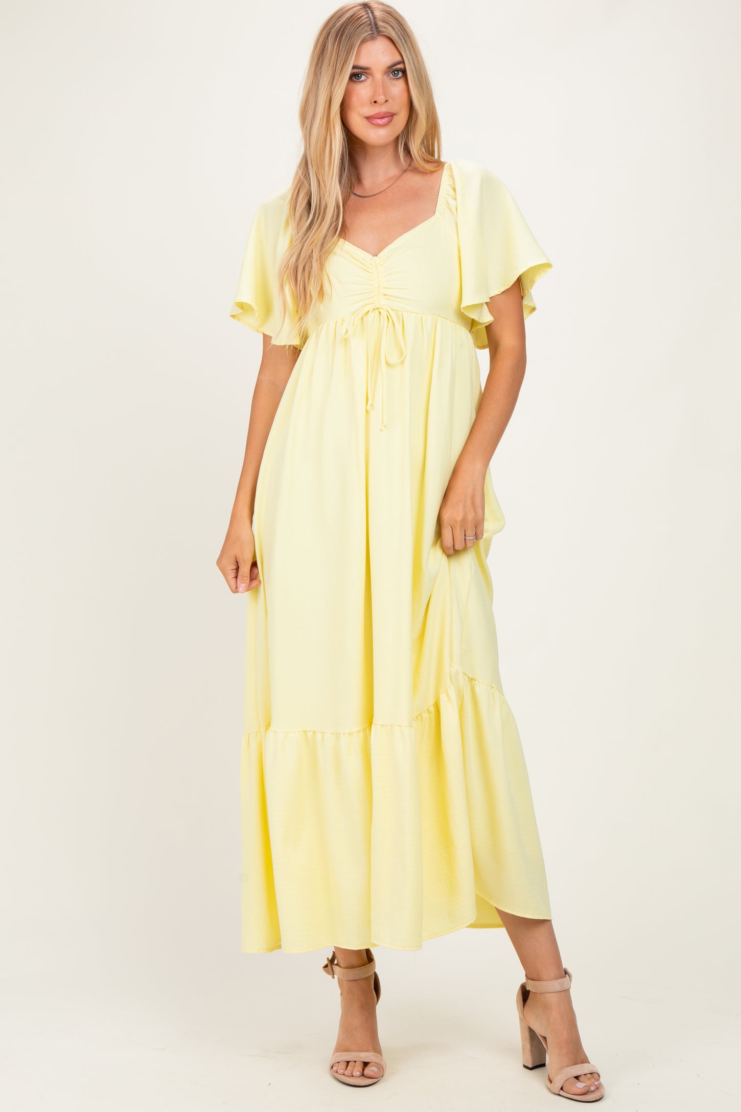 Yellow Flutter Sleeve Ruffle Hem Maxi Dress