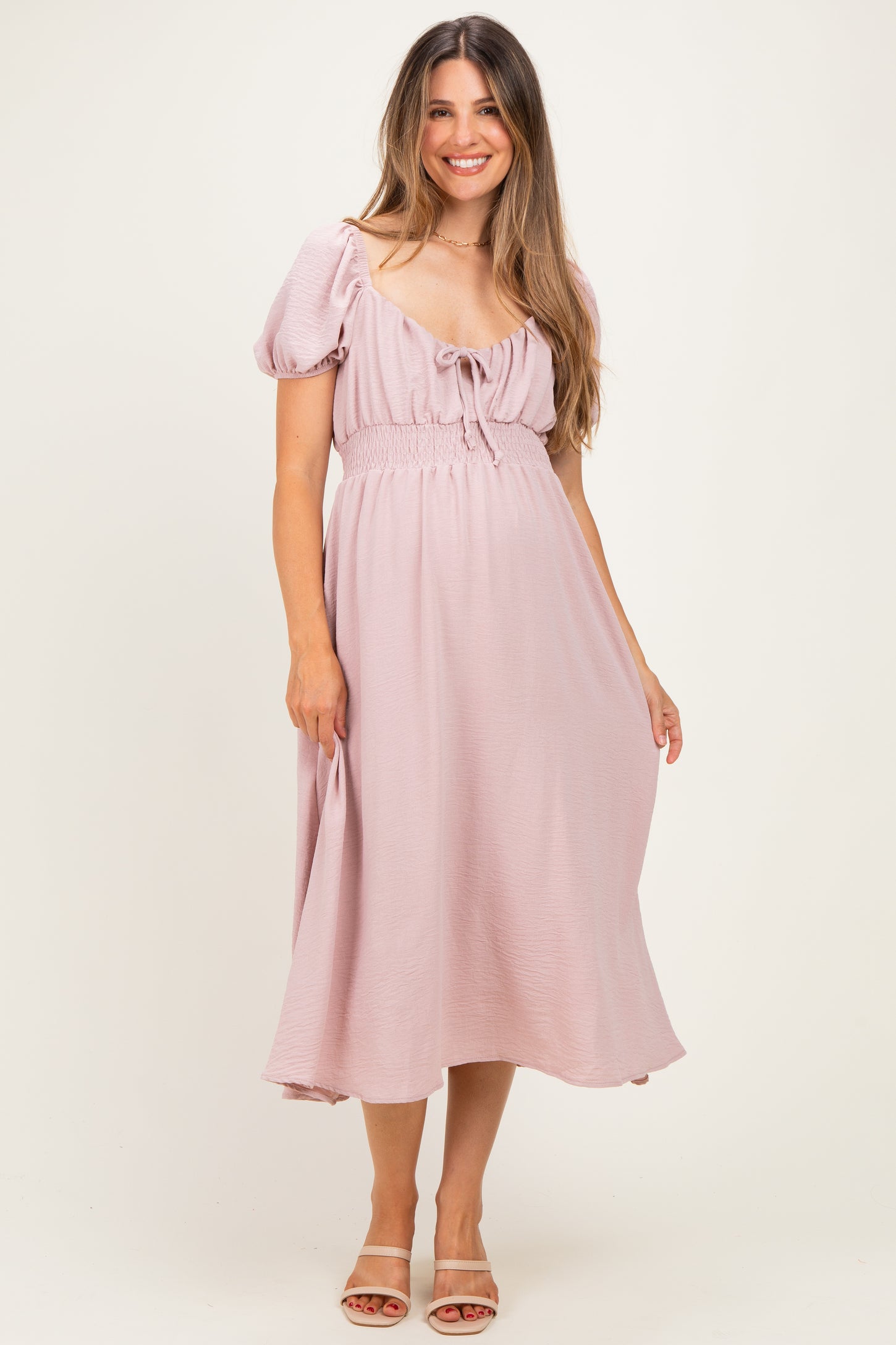 Light Pink Smocked Waist Short Sleeve Maternity Midi Dress
