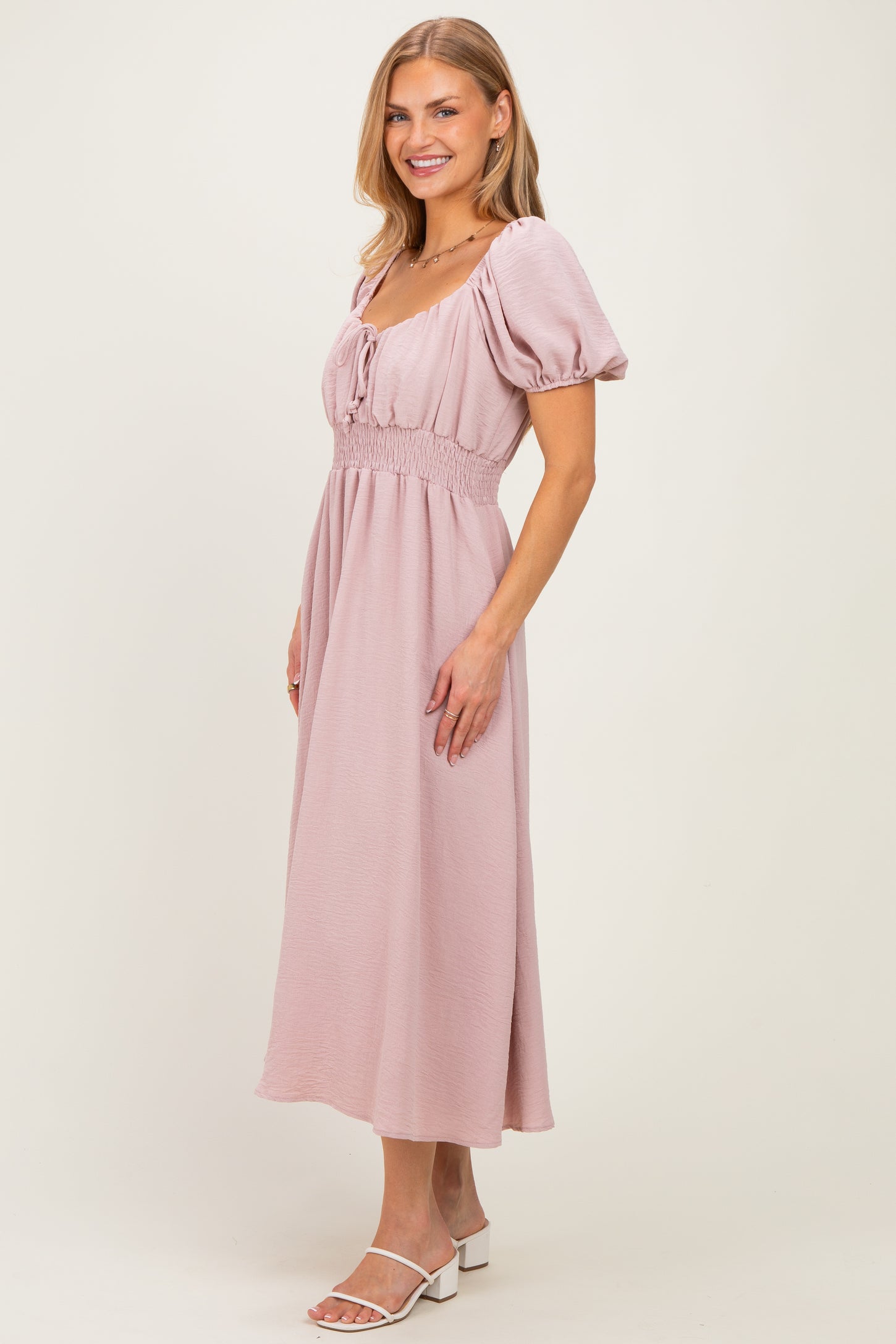 Light Pink Smocked Waist Short Sleeve Midi Dress