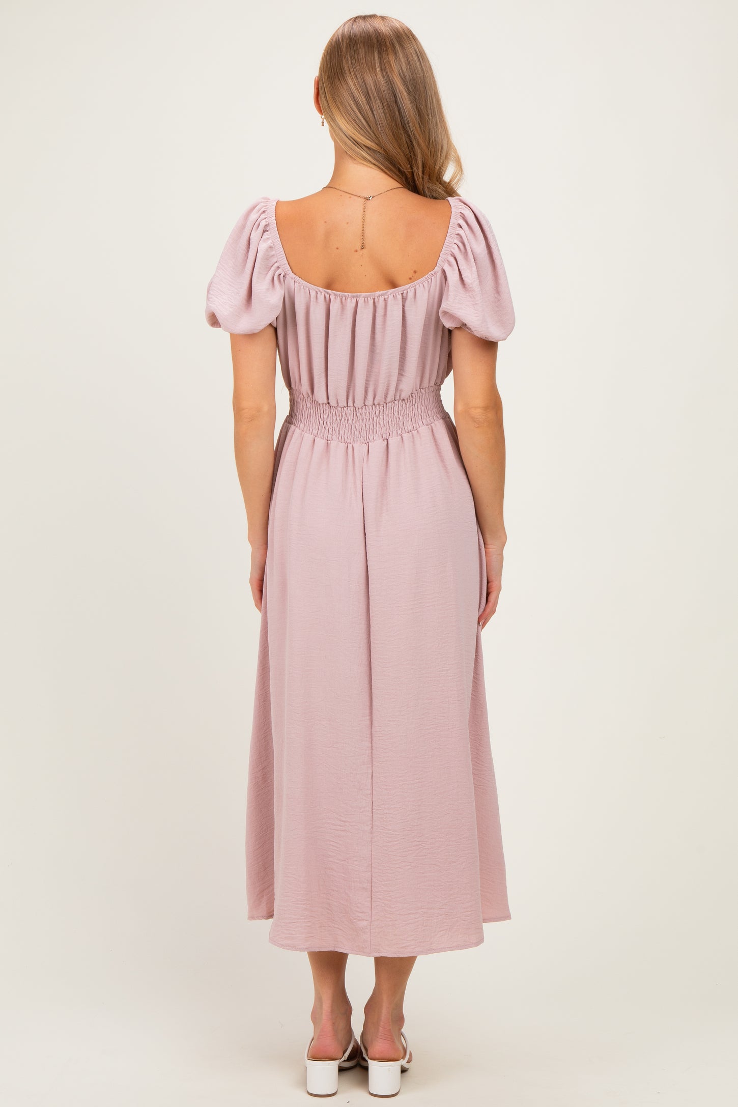 Light Pink Smocked Waist Short Sleeve Midi Dress