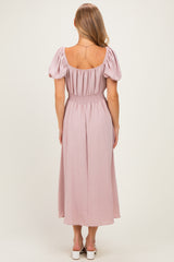 Light Pink Smocked Waist Short Sleeve Midi Dress