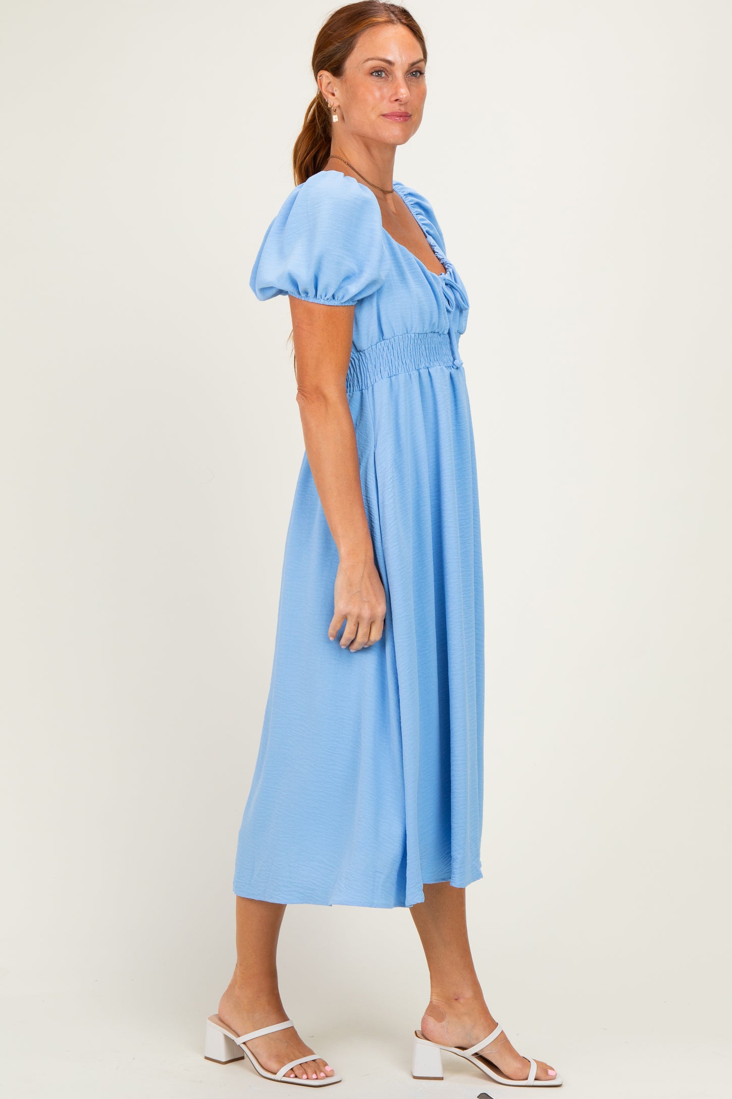 Light Blue Smocked Waist Short Sleeve Midi Dress