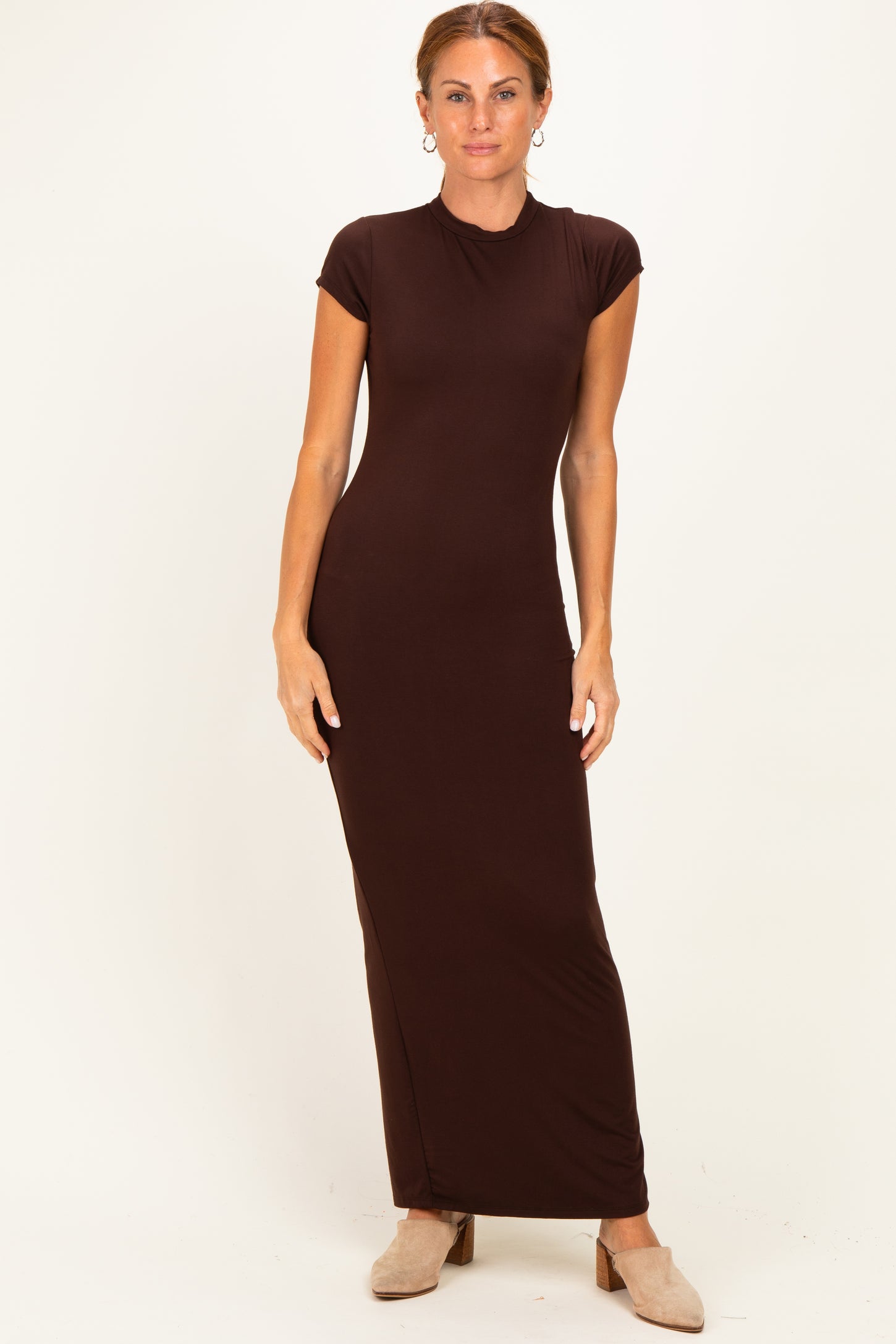 Brown Fitted Short Sleeve Maternity Maxi Dress – PinkBlush