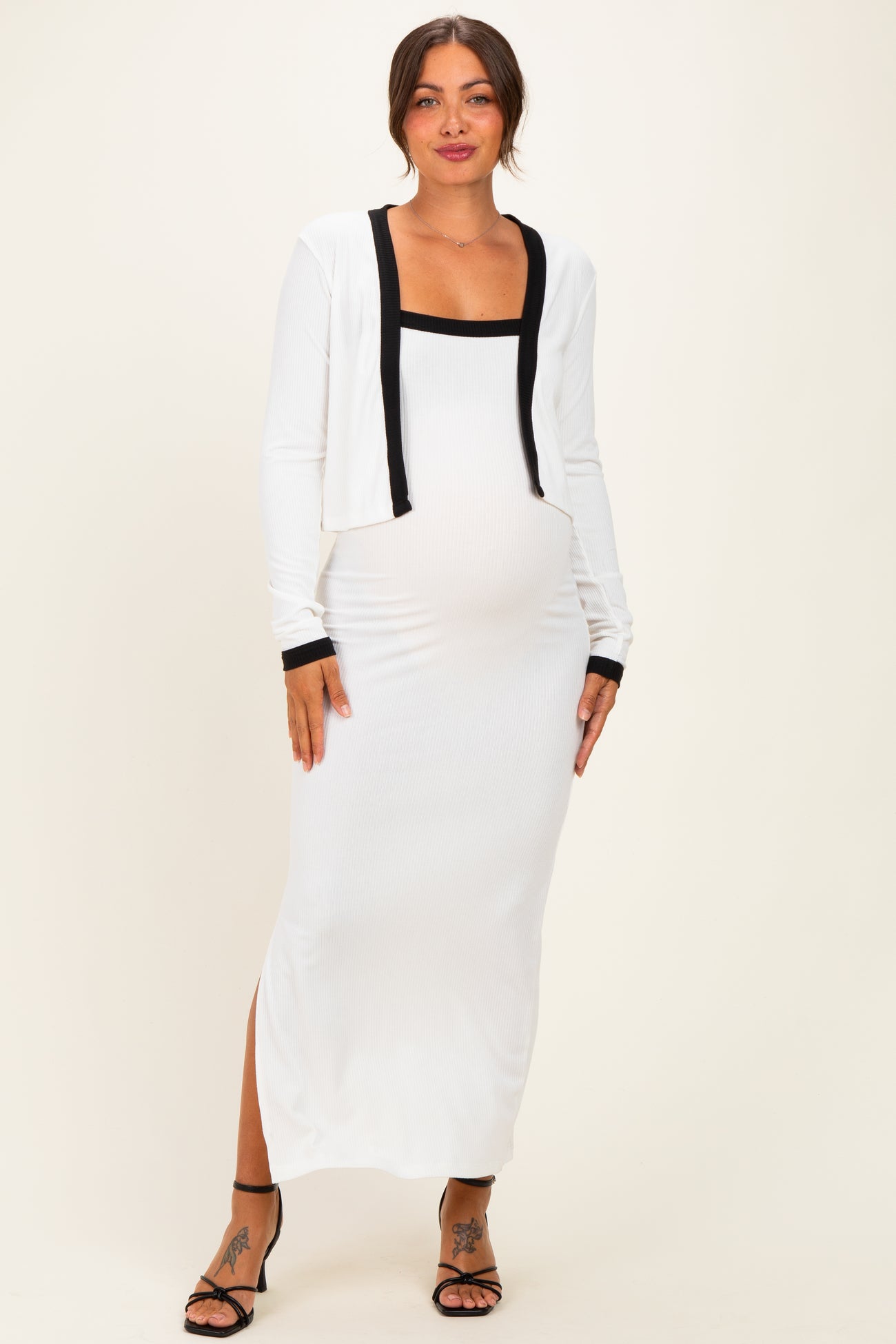 white dress with black cardigan Le Fashion: 16 Dresses That Look Chic Year-Round sourced in Paris White/ Black Color Block Sleeveless