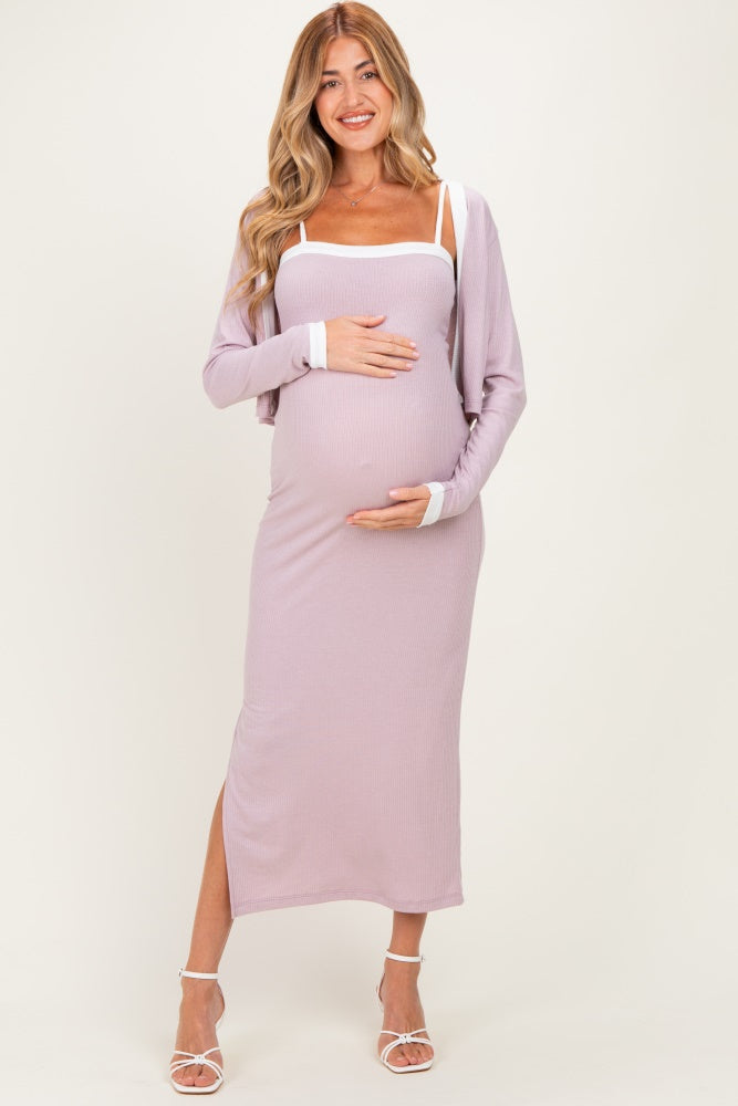 Light Pink/ White Color Block Sleeveless Fitted Dress Maternity Cardigan Set