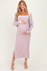 Light Pink/ White Color Block Sleeveless Fitted Dress Maternity Cardigan Set