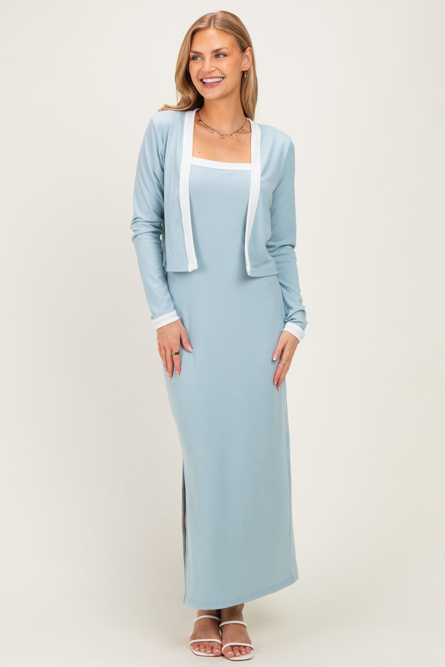 Light Blue/ White Color Block Sleeveless Fitted Dress Maternity Cardigan Set