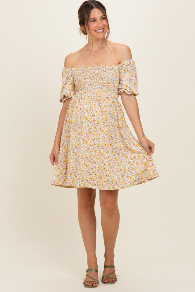 Yellow Multi Ditsy Floral Ruffle Bubble Sleeve Smocked Maternity Dress