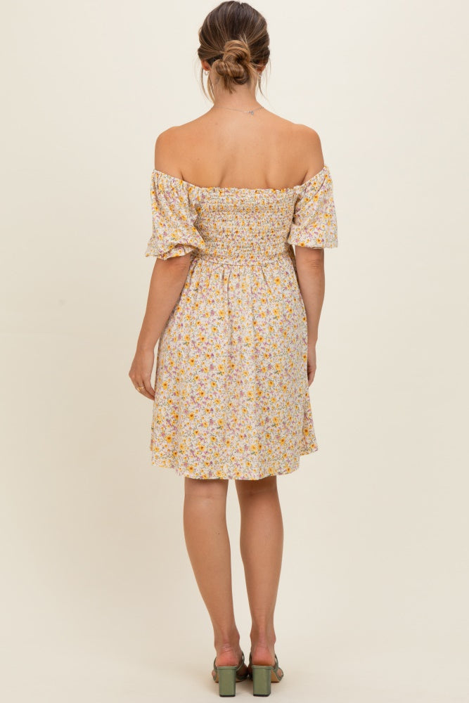 Yellow Multi Ditsy Floral Ruffle Bubble Sleeve Smocked Maternity Dress
