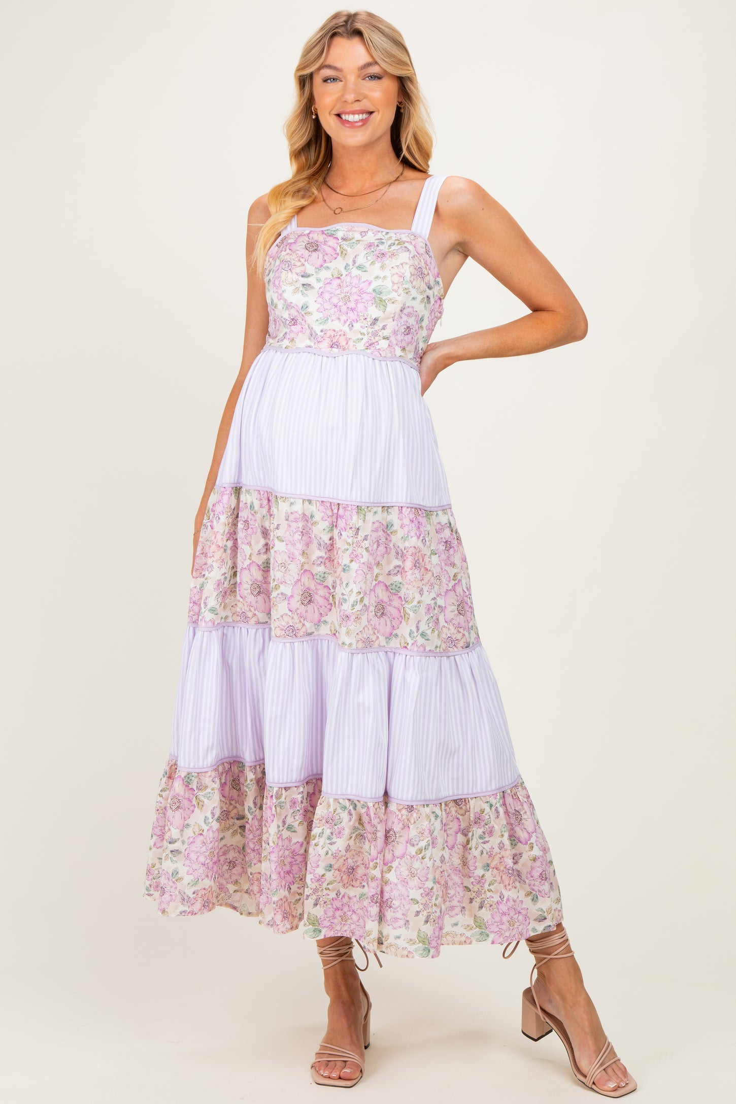 midi lavender tiered floral dress Women's Living In Wonderland Lavender Tulip Floral Midi Dress | Size: M