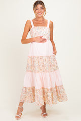 Peach Multi Floral Tiered Sleeveless Maternity Midi Dress