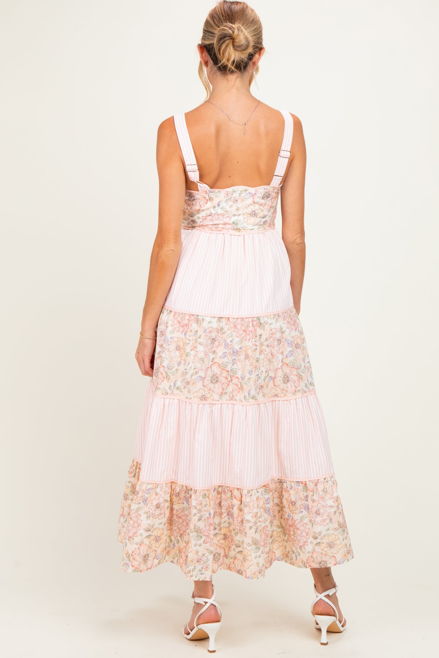 Peach Multi Floral Tiered Sleeveless Maternity Midi Dress