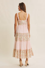 Peach Multi Floral Tiered Sleeveless Midi Dress