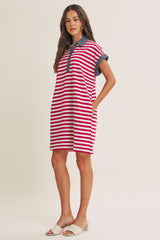 woman wearing a red and white striped polo dress with denim collar and short sleeves