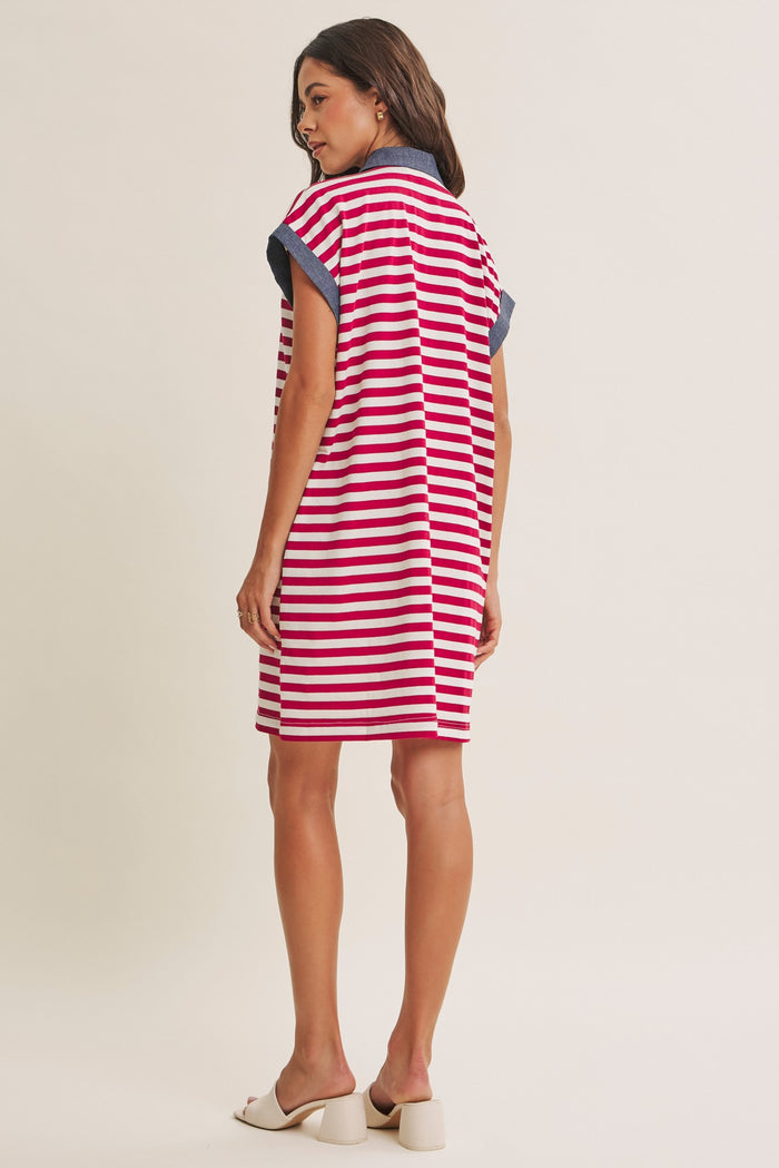 woman wearing a red and white striped short sleeve dress with a denim collar