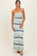 Blue Multi Striped Strapless Flare Maxi Dress