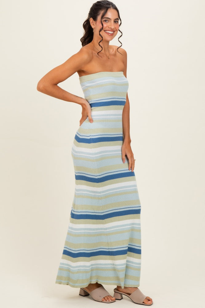blue striped strapless dress The Lenora Blue Stripe Strapless Midi Dress Thread + Seed