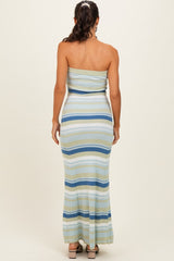Blue Multi Striped Strapless Flare Maxi Dress