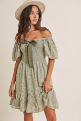 Sage Green Bow Smocked Bubble Sleeve Mini Dress