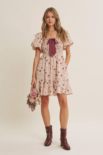 Burgundy Bow Smocked Bubble Sleeve Mini Dress