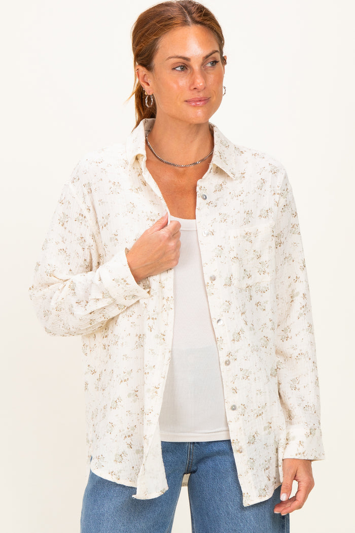 Sage Floral Cotton Gauze Button-Down Shirt
