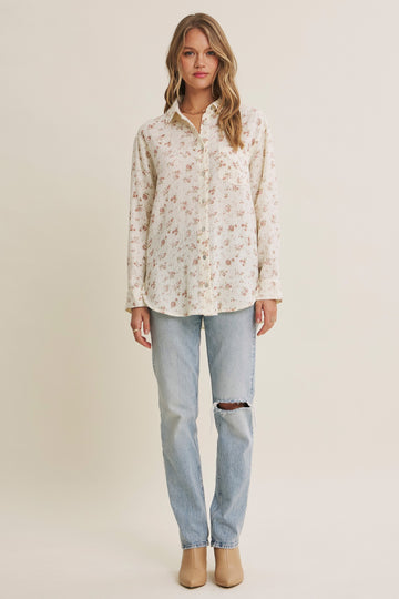 Mauve Floral Cotton Gauze Oversized Button-Down Shirt
