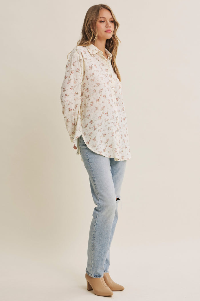 Mauve Floral Cotton Gauze Oversized Button-Down Shirt