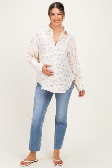 Mauve Floral Cotton Gauze Oversized Button-Down Maternity Shirt