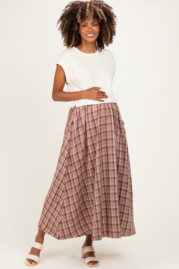 Cream/Mocha Plaid Cap Sleeve Maternity Midi Dress