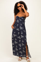 Dark Blue Floral Strapless Cutout Maxi Dress