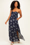 Dark Blue Floral Strapless Cutout Maxi Dress
