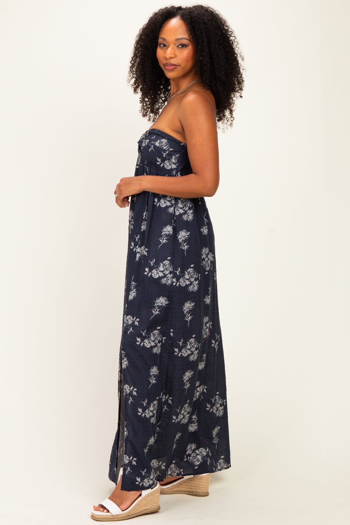 Dark Blue Floral Strapless Cutout Maxi Dress